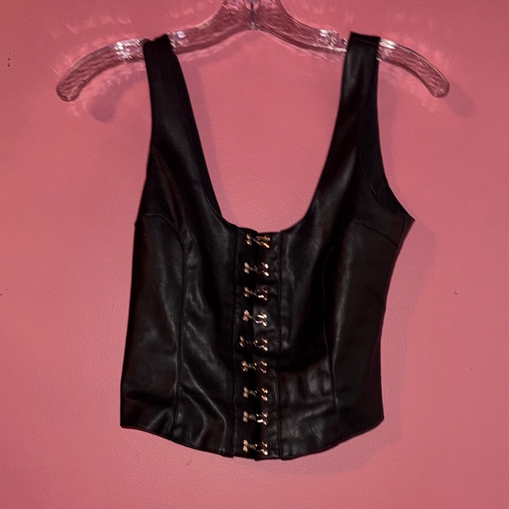 I am gia black faux leather corset size M